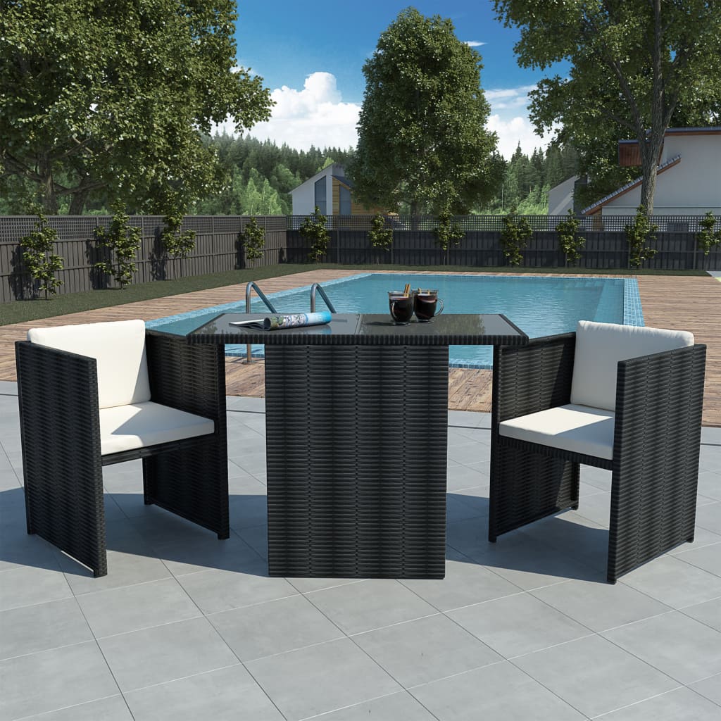 vidaXL 3-delige Bistroset met kussens poly rattan zwart