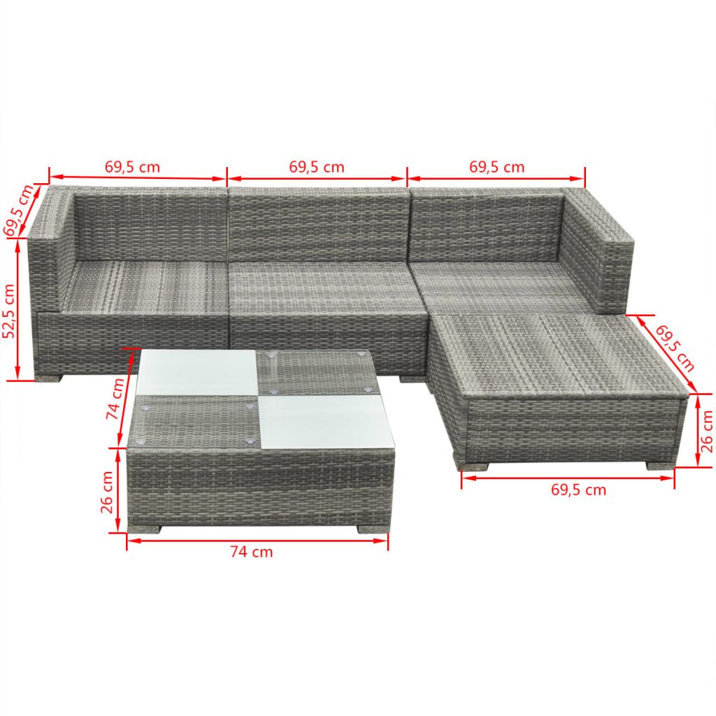 vidaXL 5-delige Loungeset met kussens poly rattan grijs