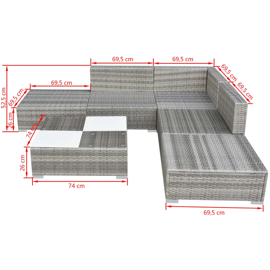 vidaXL 6-delige Loungeset met kussens poly rattan grijs