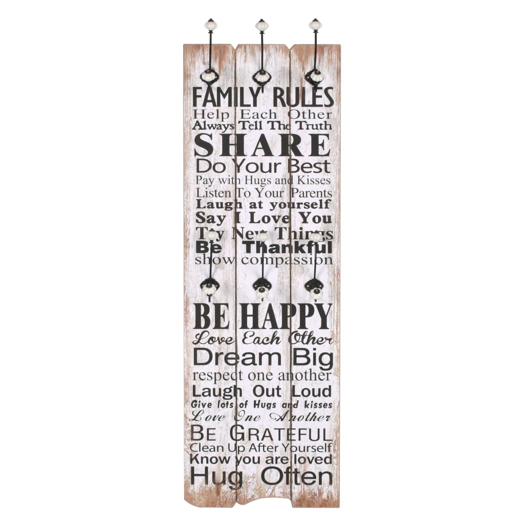 vidaXL Wandkapstok met 6 haken FAMILY RULES 120x40 cm