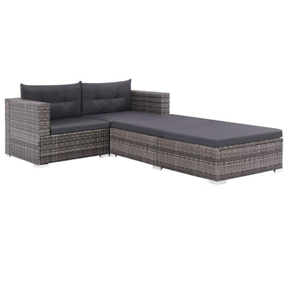 vidaXL 3-delige Loungeset met kussens poly rattan grijs