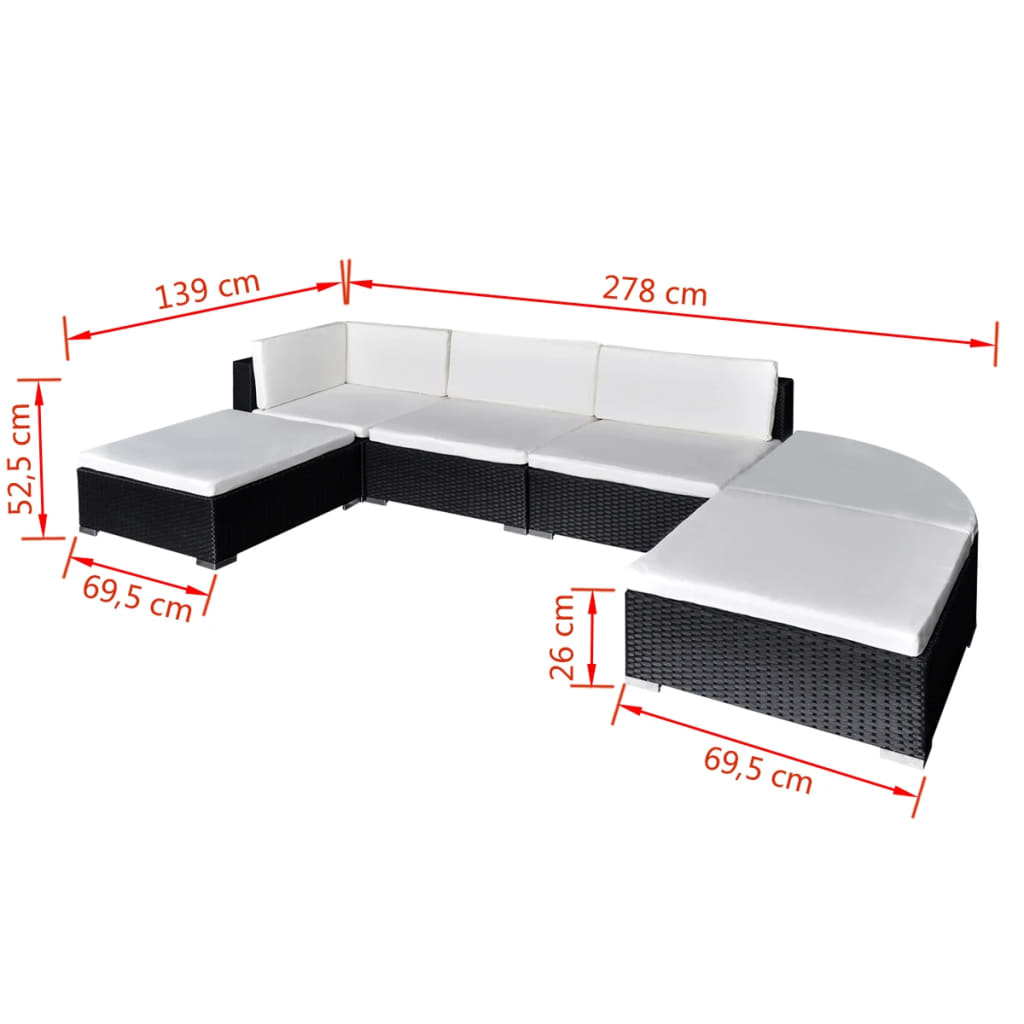 vidaXL 6-delige Loungeset met kussens poly rattan zwart