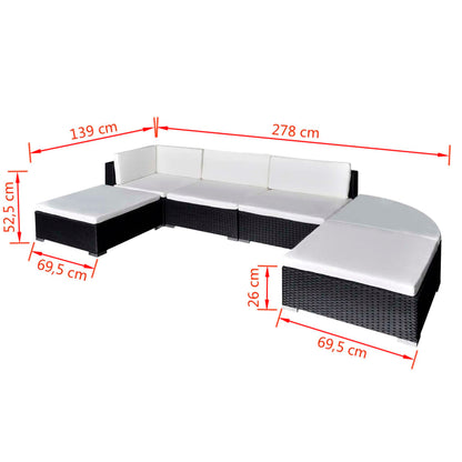 vidaXL 6-delige Loungeset met kussens poly rattan zwart