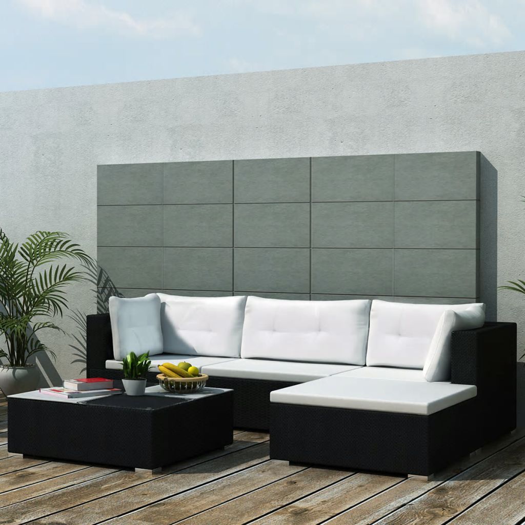 vidaXL 5-delige Loungeset met kussens poly rattan zwart