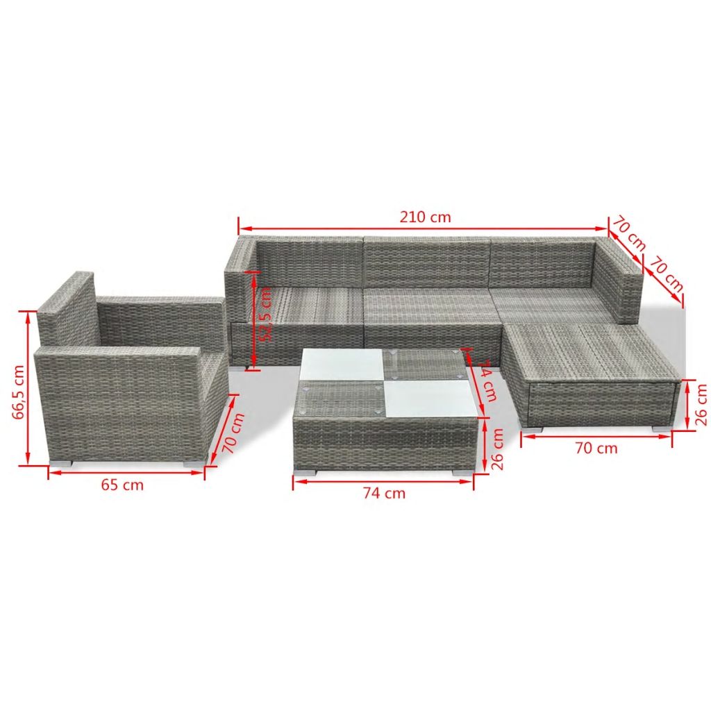 vidaXL 6-delige Loungeset met kussens poly rattan grijs