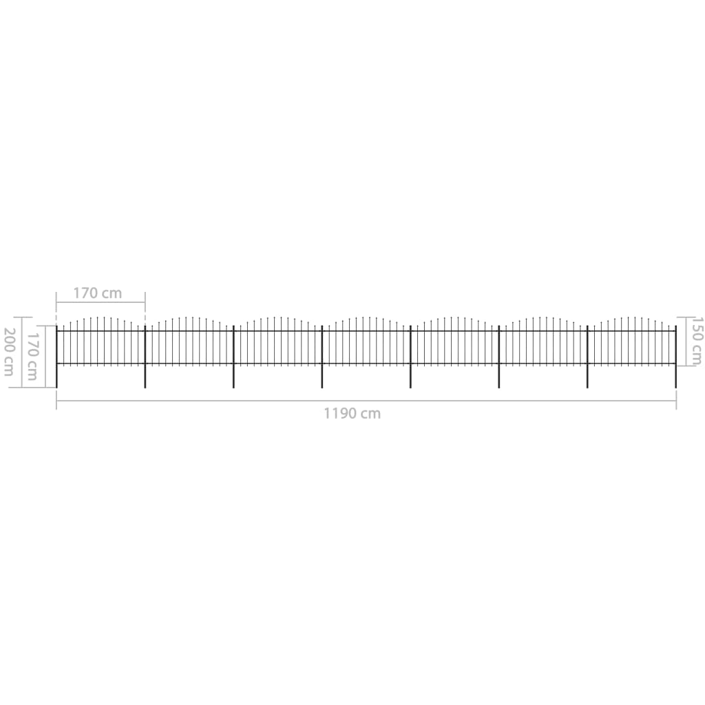 vidaXL Tuinhek met speren bovenkant (1,25-1,5)x11,9 m staal zwart