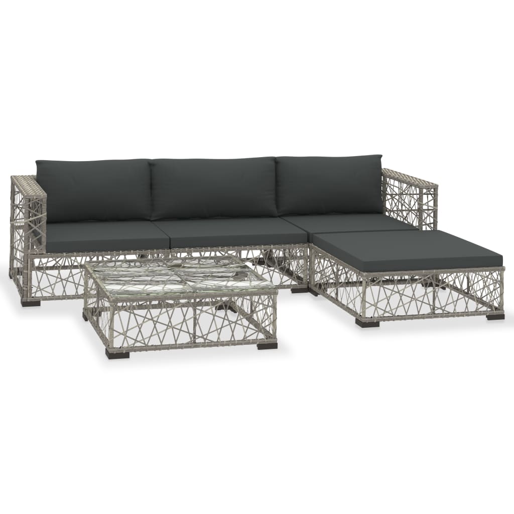 vidaXL 5-delige Loungeset met kussens poly rattan grijs