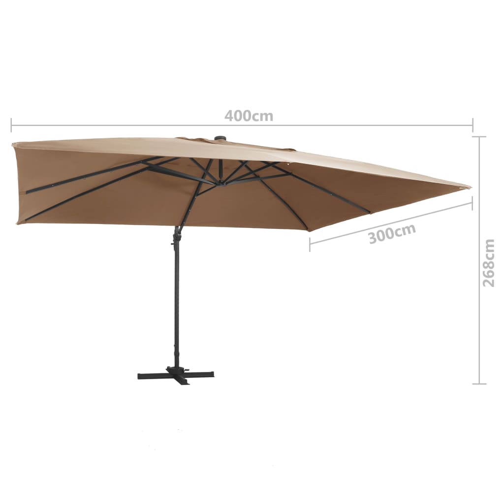 vidaXL Zweefparasol met LED en aluminium paal 400x300 cm taupe