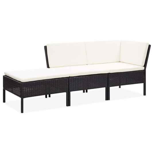 vidaXL 3-delige Loungeset met kussens poly rattan zwart