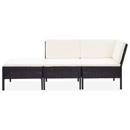 vidaXL 3-delige Loungeset met kussens poly rattan zwart