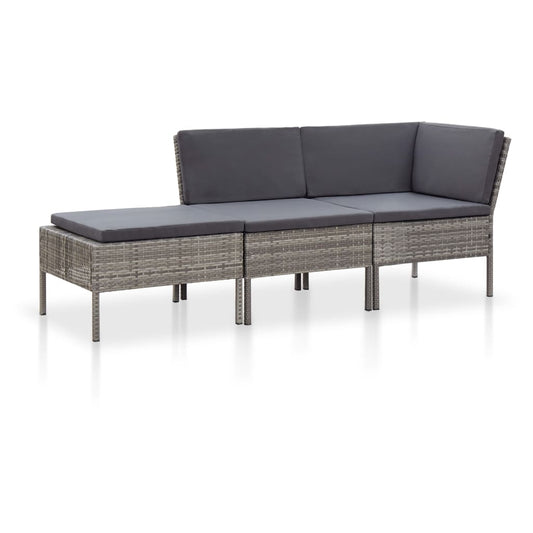 vidaXL 3-delige Loungeset met kussens poly rattan grijs