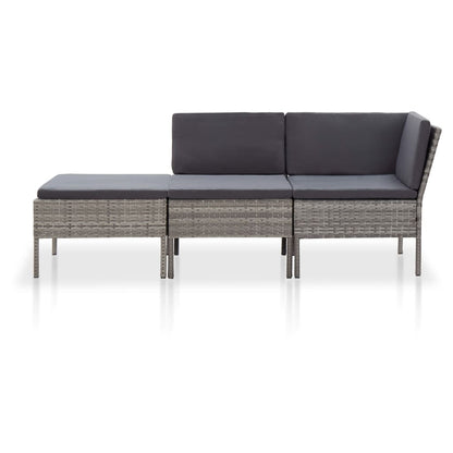 vidaXL 3-delige Loungeset met kussens poly rattan grijs