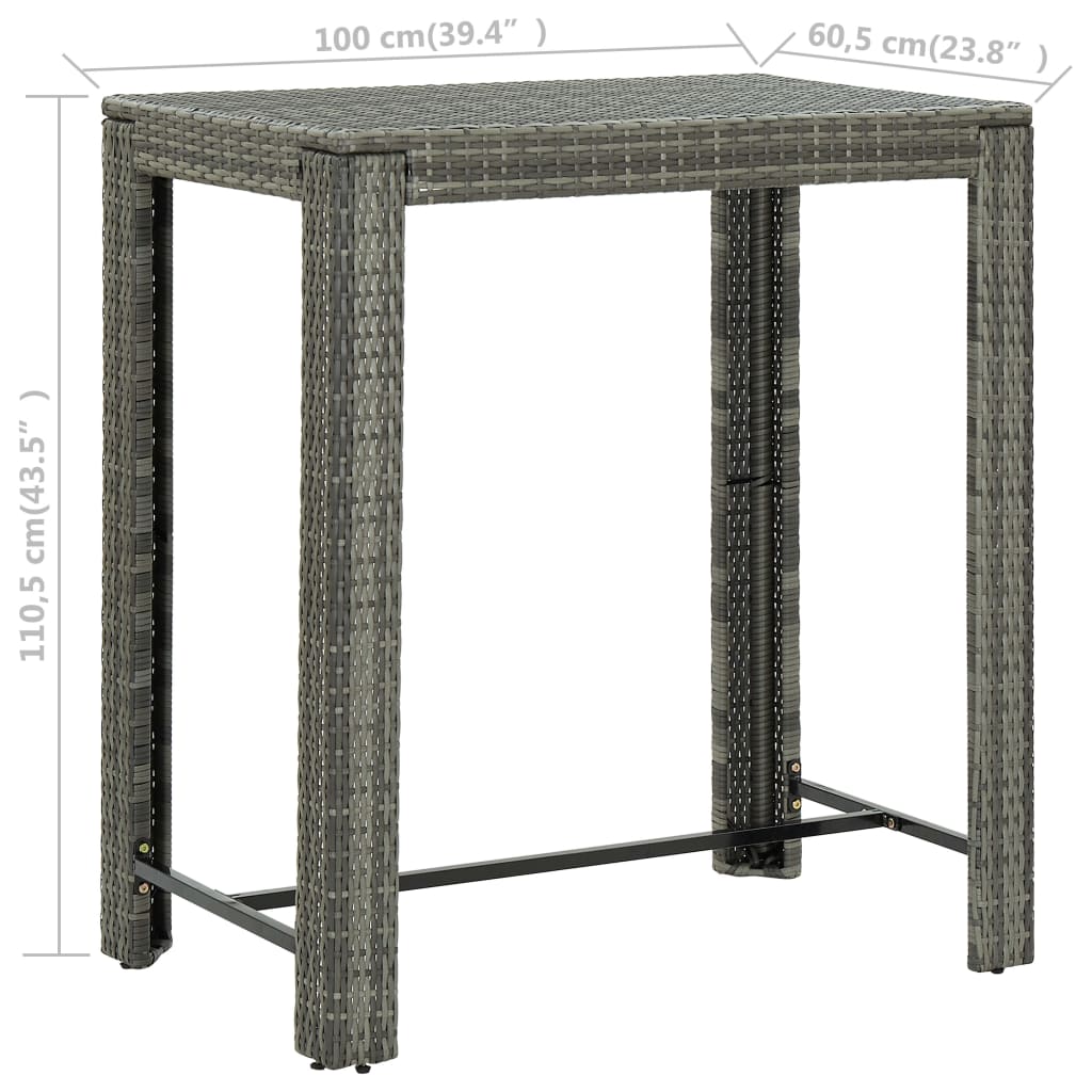 vidaXL Tuinbartafel 100x60,5x110,5 cm poly rattan grijs