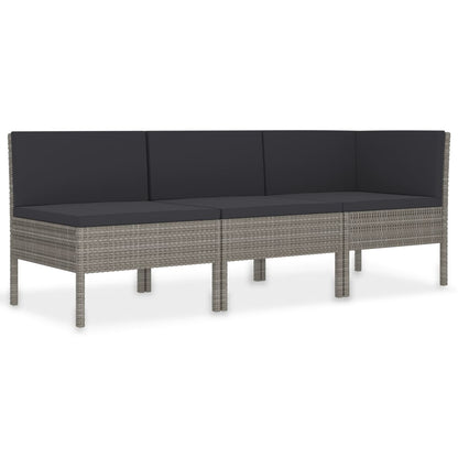 vidaXL 3-delige Loungeset met kussens poly rattan grijs