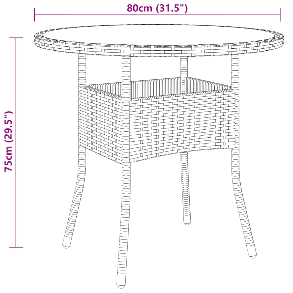 vidaXL Tuintafel Ø80x75 cm gehard glas en poly rattan zwart