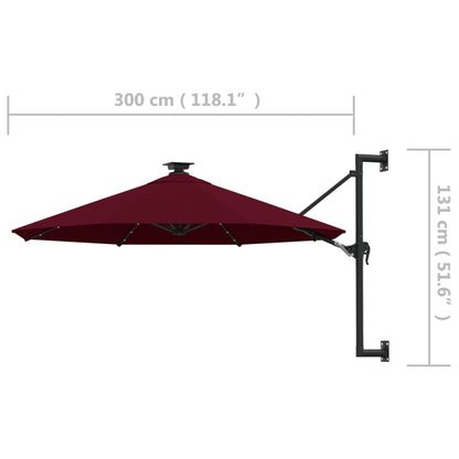 vidaXL Wandparasol met LED's 300 cm bordeauxrood