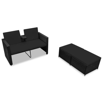 vidaXL 3-delige Loungeset met kussens poly rattan zwart