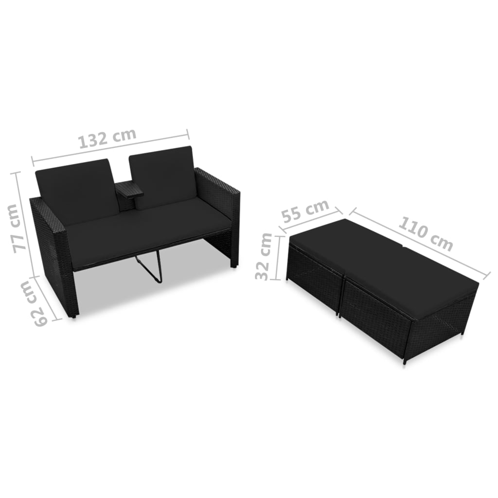 vidaXL 3-delige Loungeset met kussens poly rattan zwart