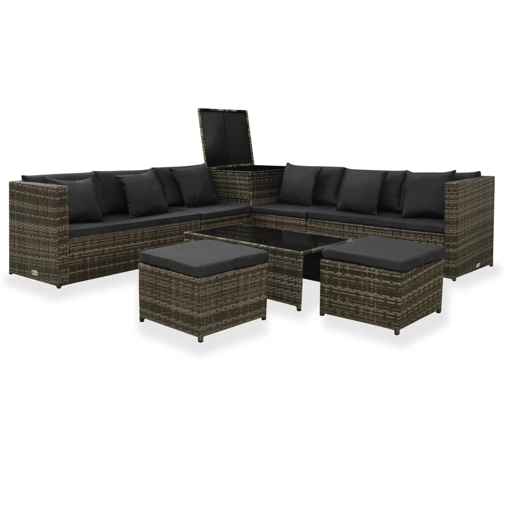 vidaXL 8-delige Loungeset met kussens poly rattan grijs