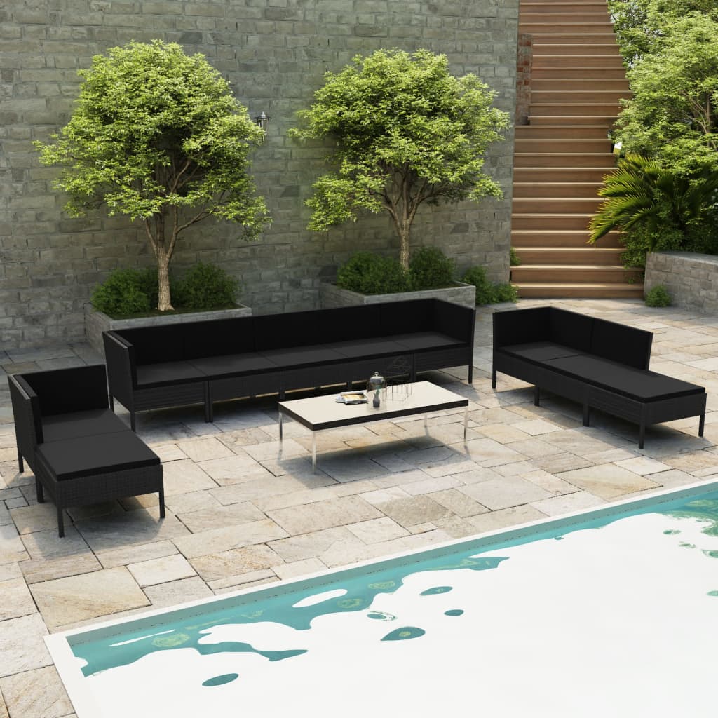 vidaXL 10-delige Loungeset met kussens poly rattan zwart