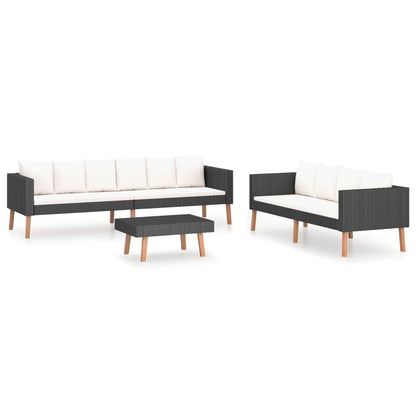 vidaXL 3-delige Loungeset met kussens poly rattan zwart