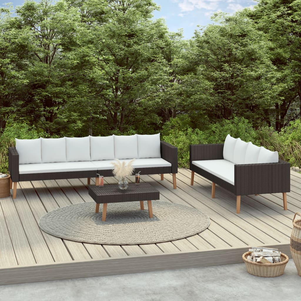 vidaXL 3-delige Loungeset met kussens poly rattan zwart