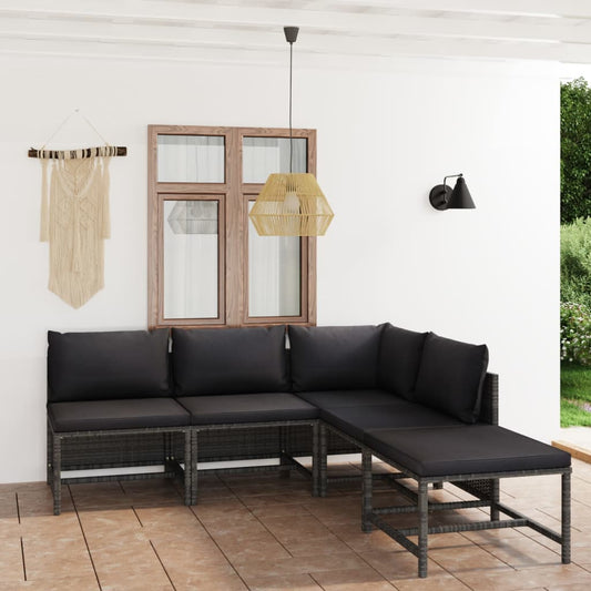 vidaXL 5-delige Loungeset met kussens poly rattan grijs