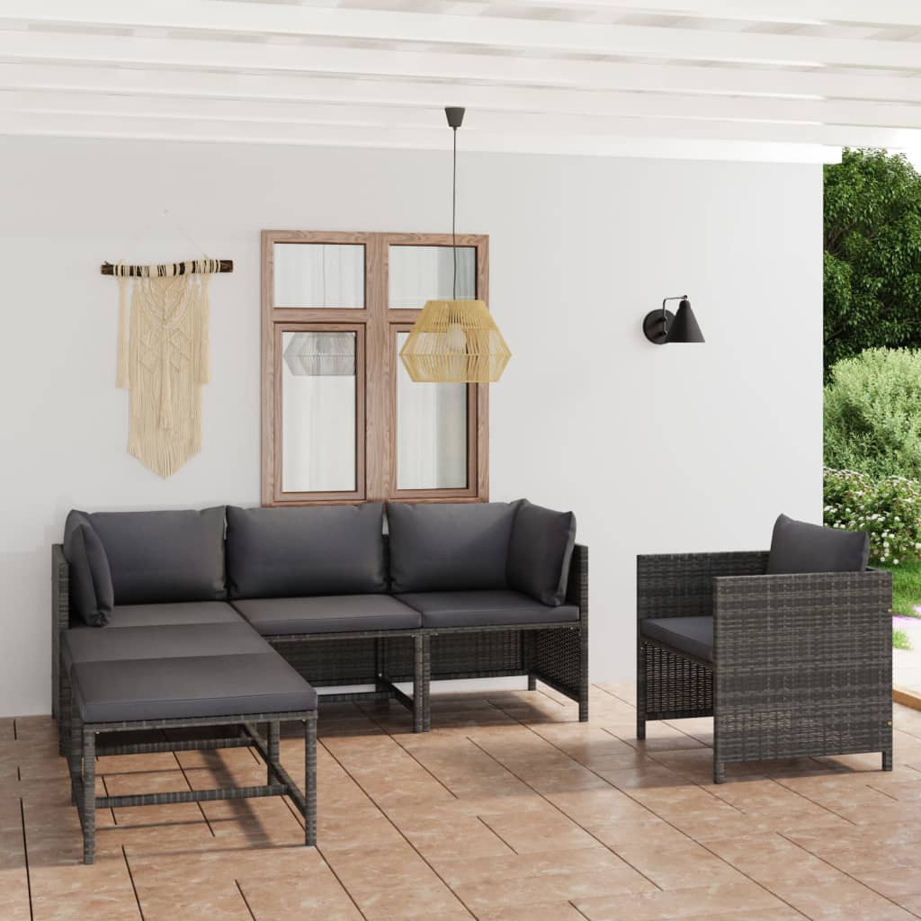 vidaXL 6-delige Loungeset met kussens poly rattan grijs