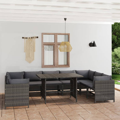 vidaXL 10-delige Loungeset met kussens poly rattan grijs