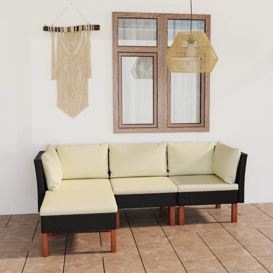 vidaXL 4-delige Loungeset met kussens poly rattan zwart