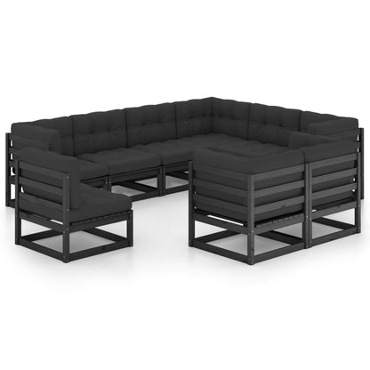 vidaXL 9-delige Loungeset met kussens massief grenenhout zwart