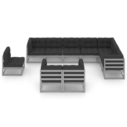 vidaXL 10-delige Loungeset met kussens massief grenenhout grijs