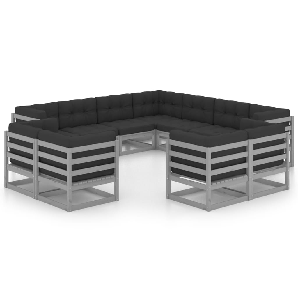 vidaXL 11-delige Loungeset met kussens massief grenenhout grijs