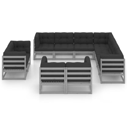 vidaXL 11-delige Loungeset met kussens massief grenenhout grijs