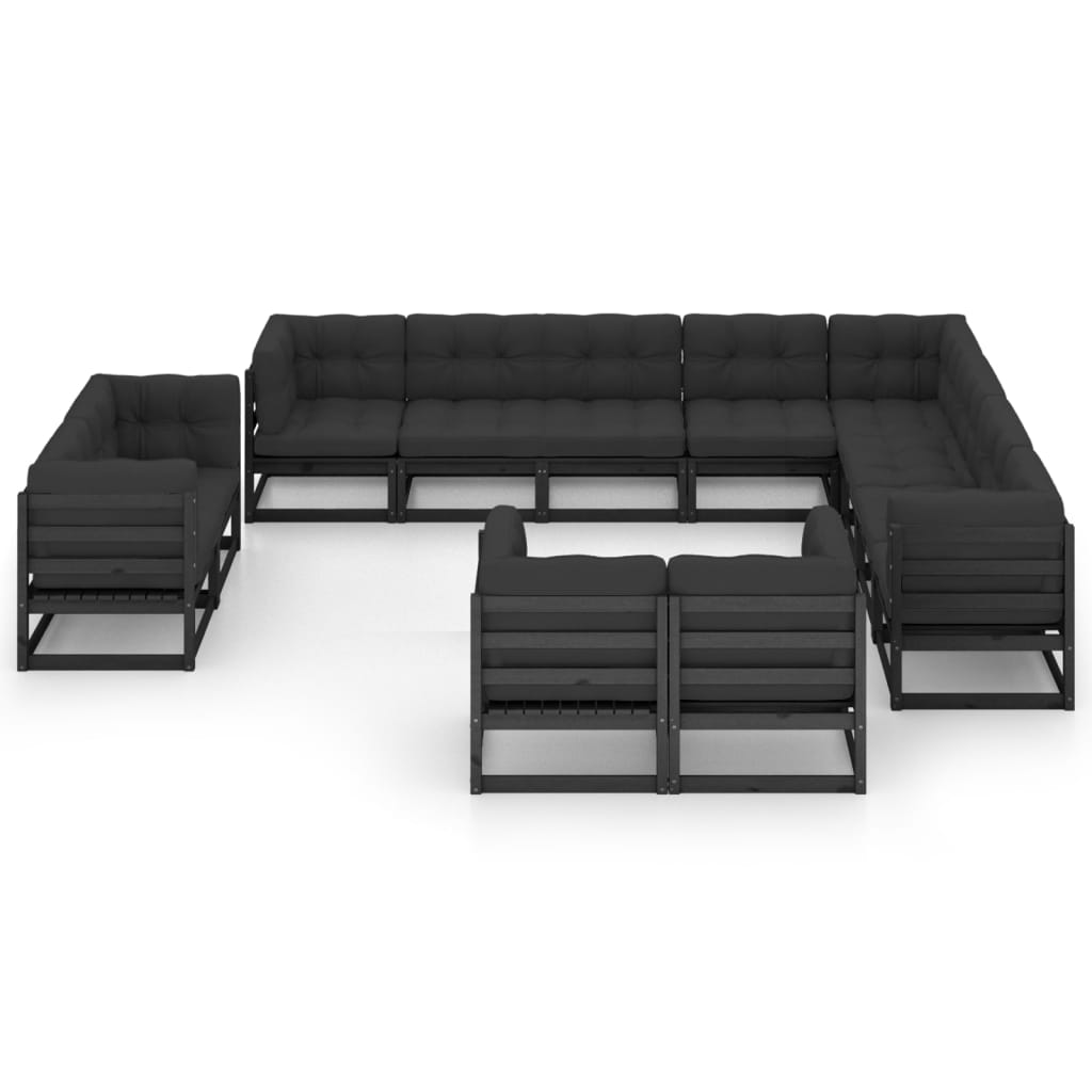 vidaXL 12-delige Loungeset met kussens massief grenenhout zwart