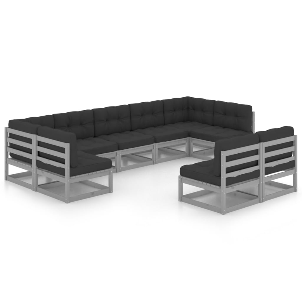 vidaXL 9-delige Loungeset met kussens massief grenenhout grijs