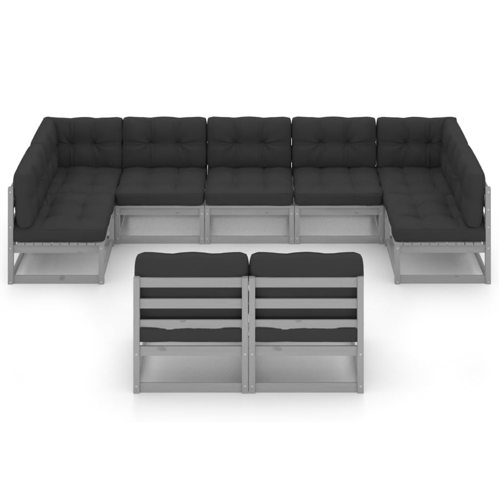 vidaXL 9-delige Loungeset met kussens massief grenenhout grijs