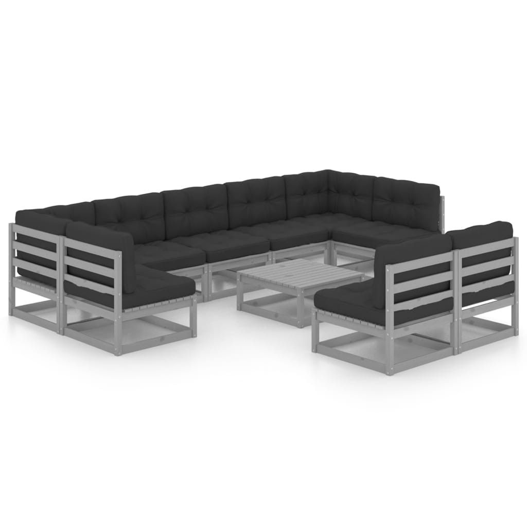 vidaXL 10-delige Loungeset met kussens massief grenenhout grijs