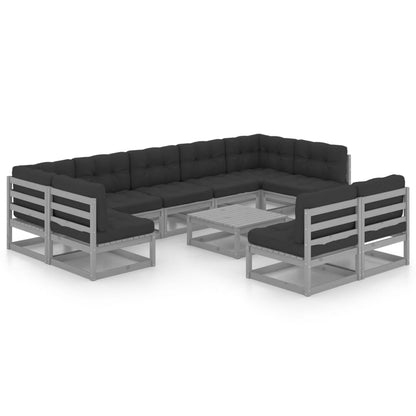 vidaXL 10-delige Loungeset met kussens massief grenenhout grijs