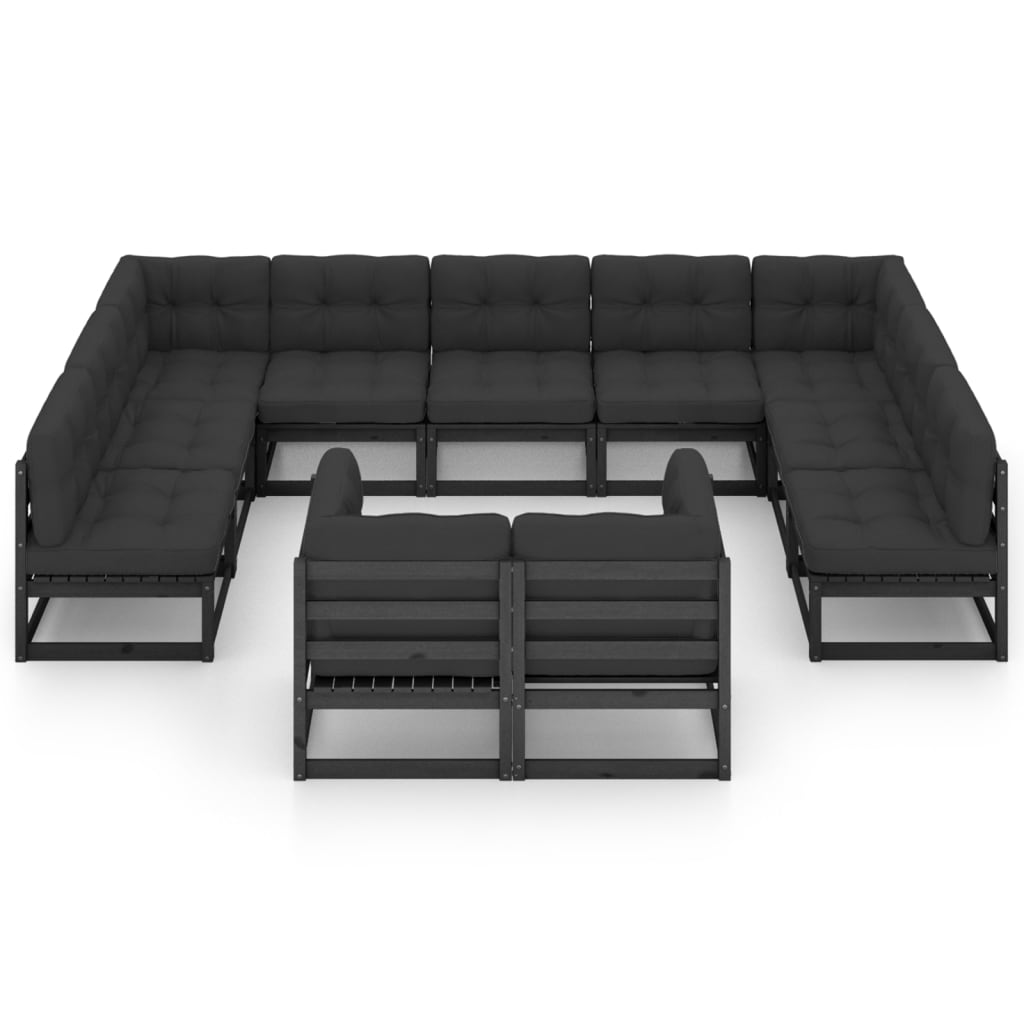 vidaXL 11-delige Loungeset met kussens massief grenenhout zwart