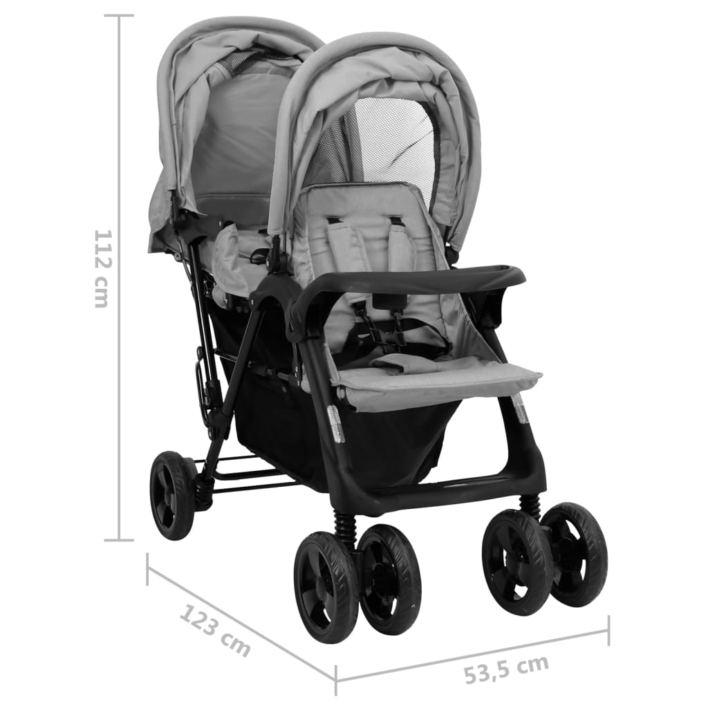 vidaXL Tweelingkinderwagen tandem staal lichtgrijs