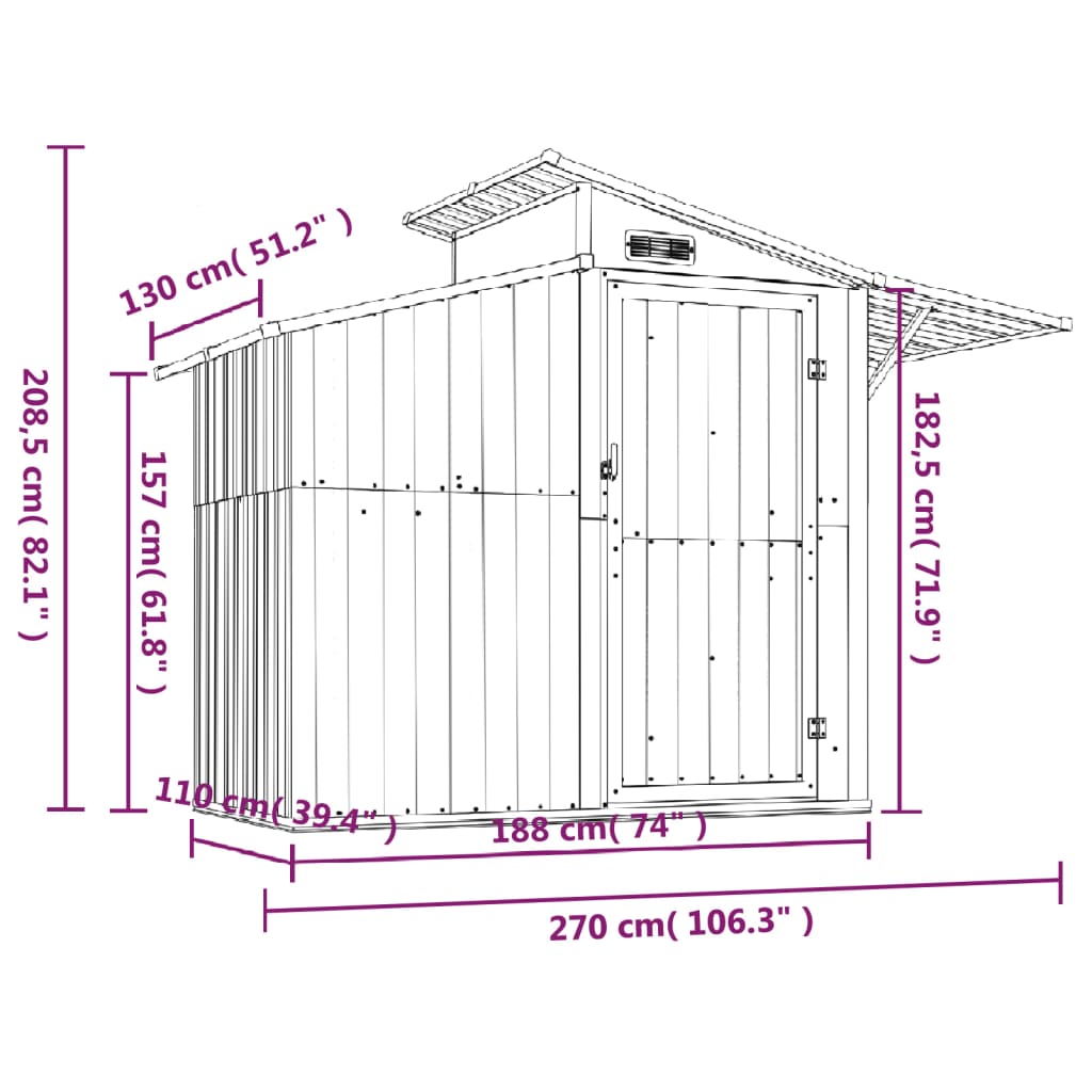 vidaXL Tuinschuur 270x130x208,5 cm gegalvaniseerd staal antracietkleur