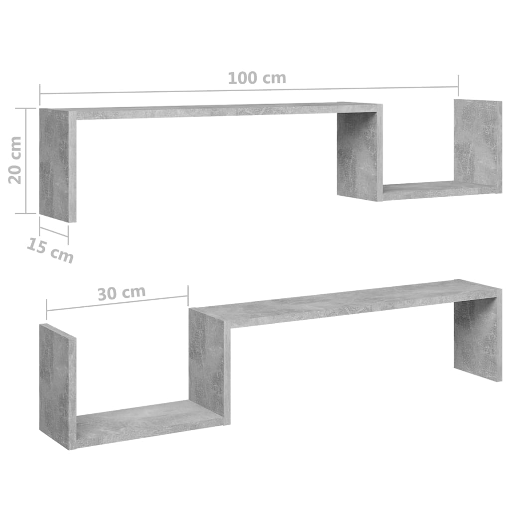 vidaXL Wandschappen 2 st 100x15x20 cm bewerkt hout betongrijs