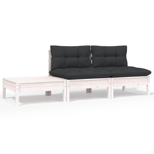 vidaXL 3-delige Loungeset met kussens massief grenenhout wit