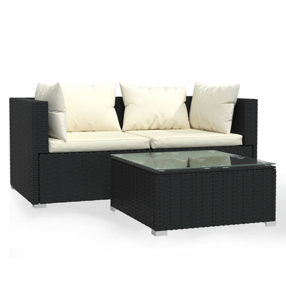 vidaXL 3-delige Loungeset met kussens poly rattan zwart