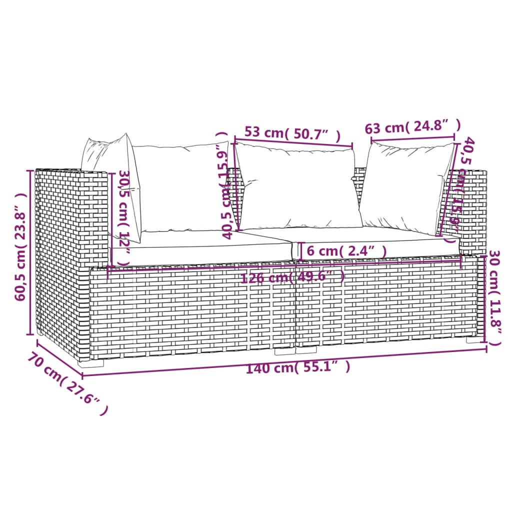 vidaXL 3-delige Loungeset met kussens poly rattan zwart