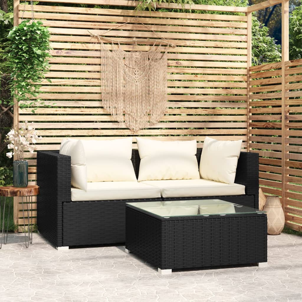 vidaXL 3-delige Loungeset met kussens poly rattan zwart