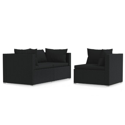 vidaXL 3-delige Loungeset met kussens poly rattan zwart