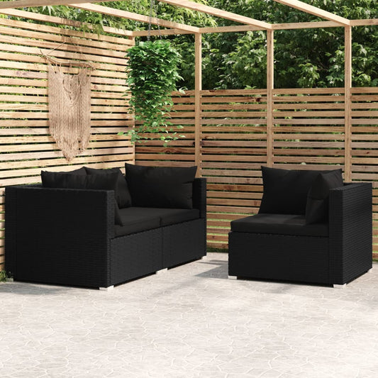 vidaXL 3-delige Loungeset met kussens poly rattan zwart