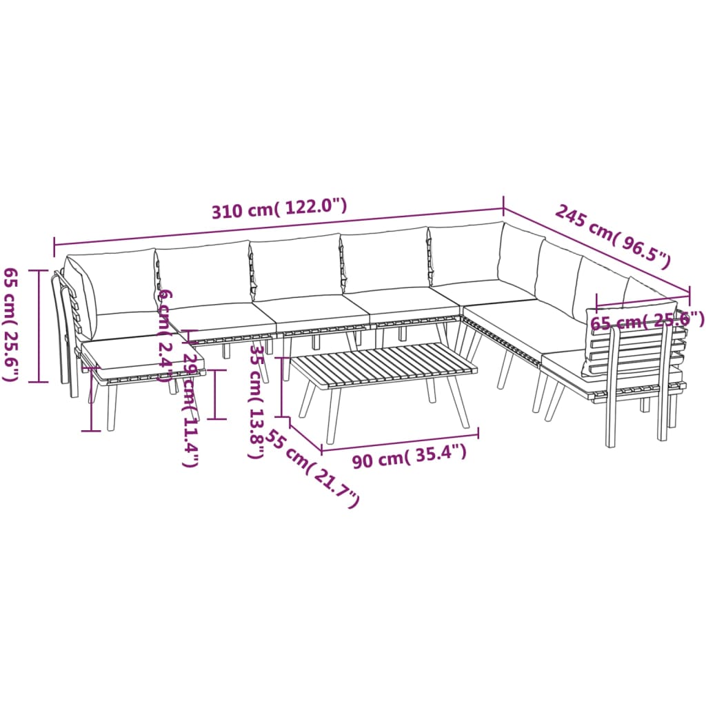 vidaXL 9-delige Loungeset met kussens massief acaciahout